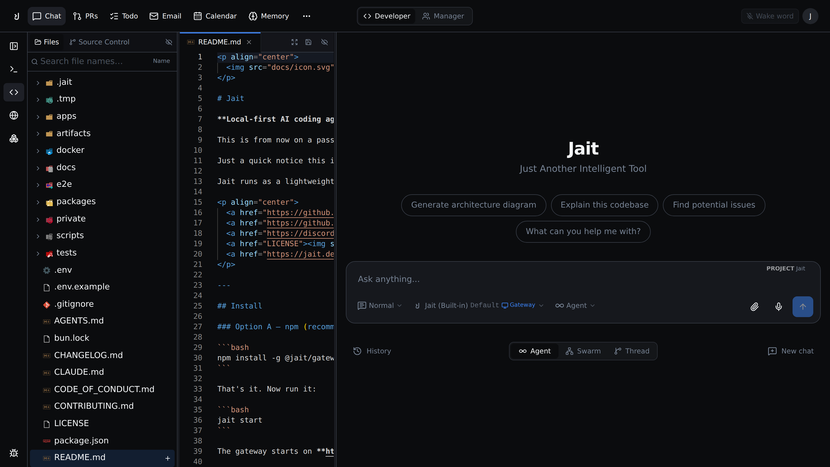 Jait logged in with a project open in editor mode, dark theme