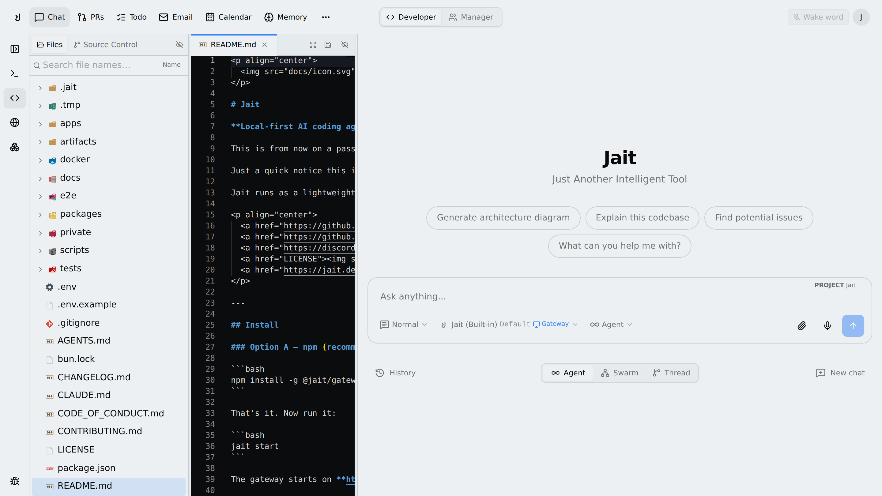 Jait logged in with a project open in editor mode, light theme