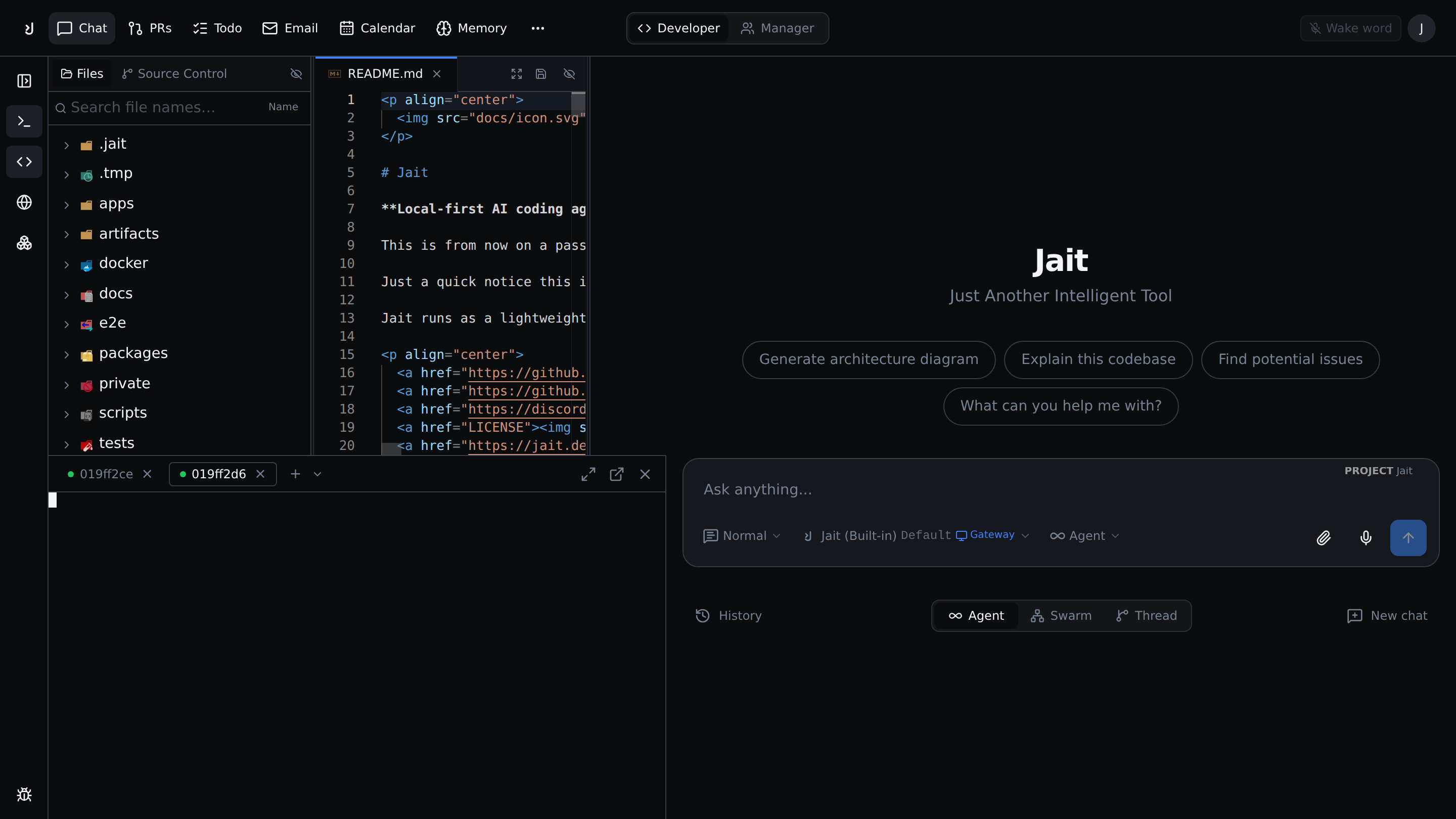 Jait running a real command in an embedded terminal beside the file tree and agent chat, dark theme
