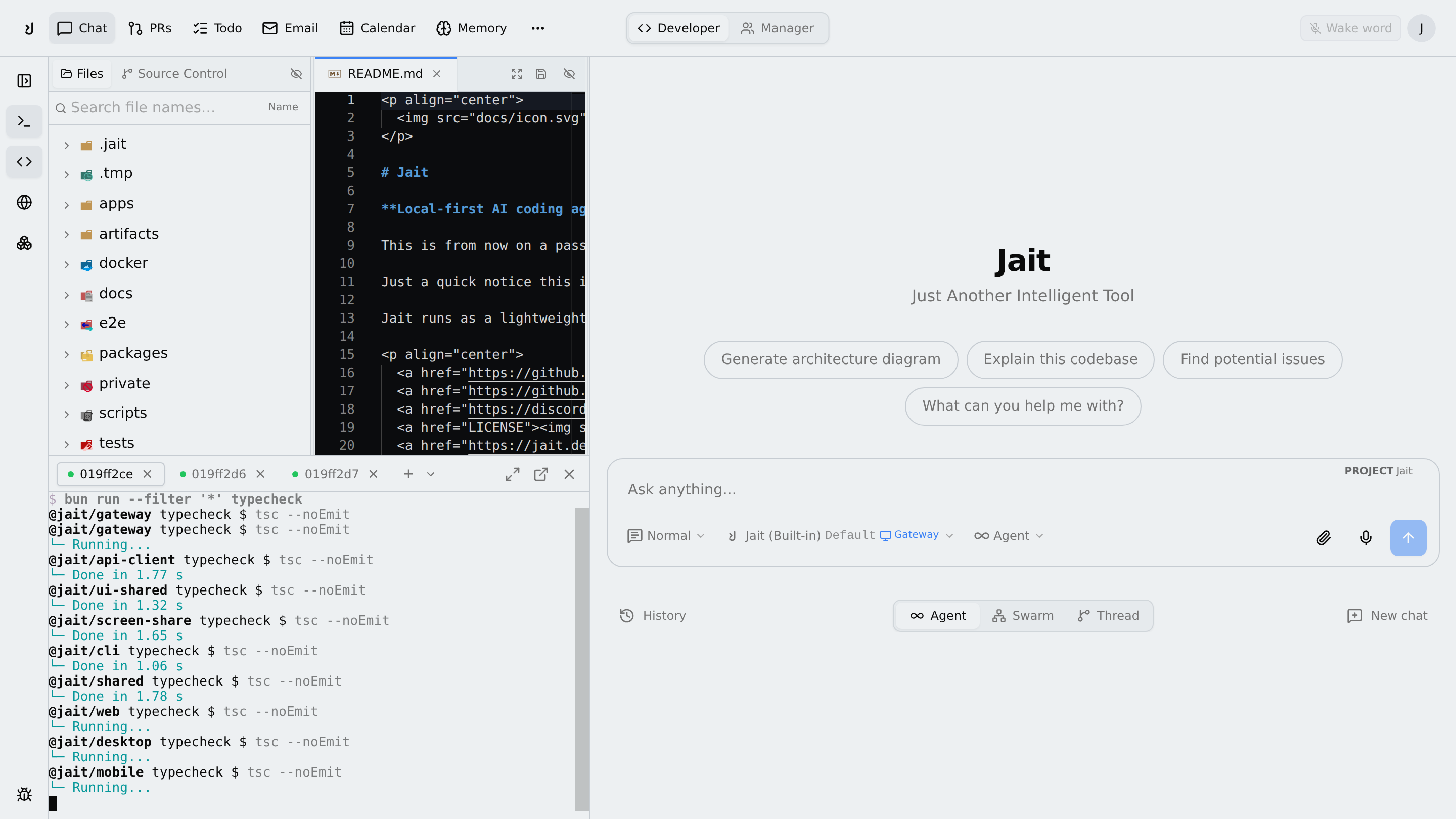 Jait running a real command in an embedded terminal beside the file tree and agent chat, light theme